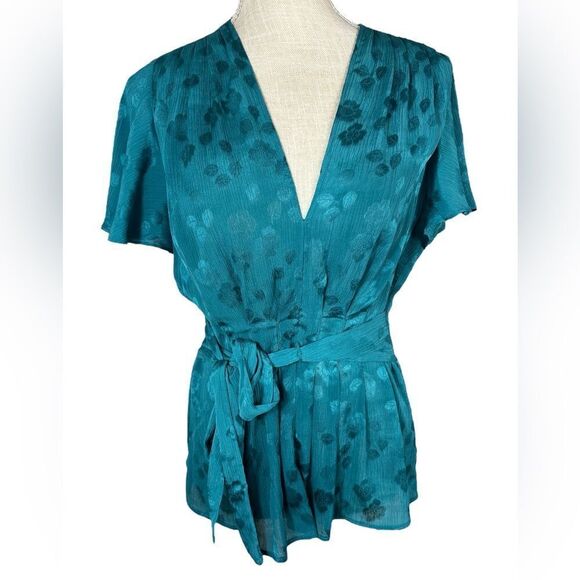 Max Studio Teal Blue Jacquard Chiffon Wrap Style Flutter Sleeve Blouse - Picture 2 of 11